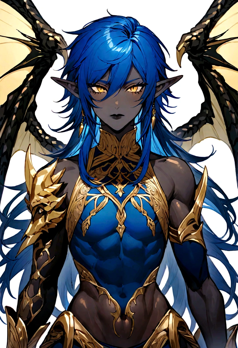 Creature the gerder masculine, androgynous prince, femboy, toned, two-piece tunic, sexy, fantasy blue hair, Black skin, golden eyes, pointy ears like elf, dragon wings on the torso and sexy belly. With dragon grim reapers as scales and accessories of celestial royalty Magnificent fantasy.