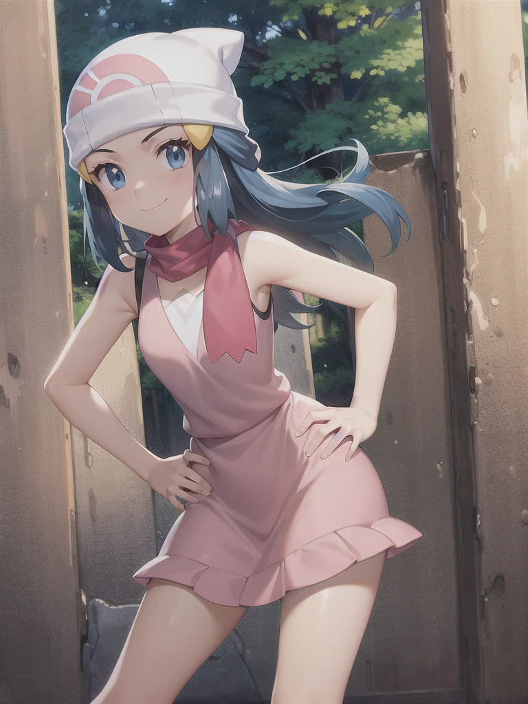 masterpiece, best quality, 1girl, dawn \(pokemon\), beanie, long hair, blue hair, blue eyes, black sleeveless shirt, pink scarf, pink skirt, pink boots, hands on hips, smile, looking at viewer, forest background