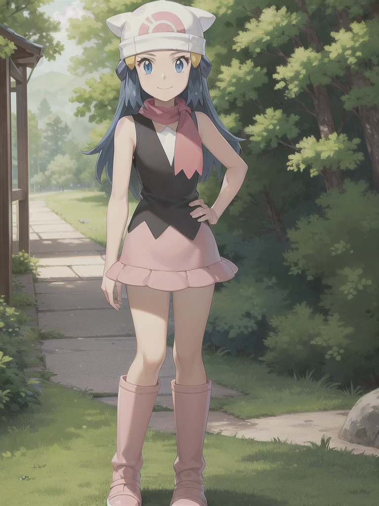 masterpiece, best quality, 1girl, dawn \(pokemon\), beanie, long hair, blue hair, blue eyes, black sleeveless shirt, pink scarf, pink skirt, pink boots, hands on hips, looking at viewer, forest background, arms behind head, contrapposto, spread armpit