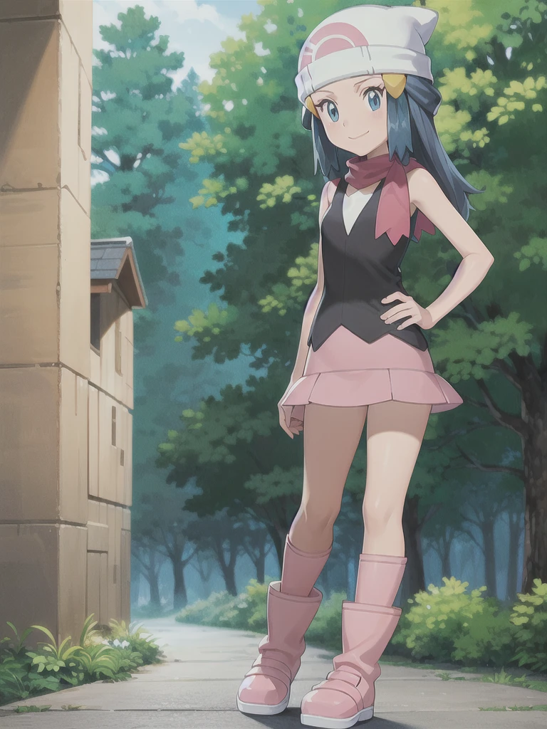 masterpiece, best quality, 1girl, dawn \(pokemon\), beanie, long hair, blue hair, blue eyes, black sleeveless shirt, pink scarf, pink skirt, pink boots, hands on hips, smile, looking at viewer, forest background