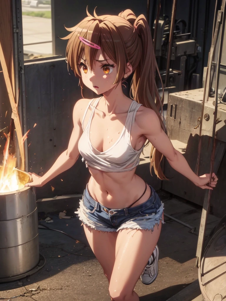 Girl, pony tail, A torn shirt on a naked body , You can see her breasts , Steel Foundry Plant background openlegs, Bare chest, , small breast, slim body, slim legs, wet body, Metal smelting, Sneakers, Tokyo