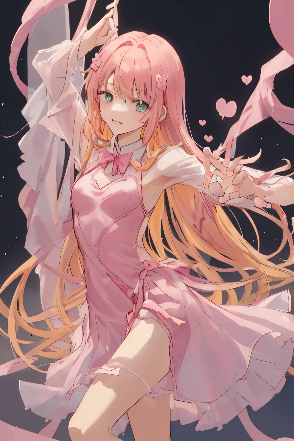 1_girl, (anime, kawai:2), (masterpeice, best_quality, simple, cute, dreamy, vibrant, clean:1.5), (cute, cute_smile, young:1.8), (delicate, beautiful, thin:1.5), (girlfriend, angel:1.6), (green_eyes, simple_eyes:1.5) (long_hair, blond_hair, wearing_pink_dress, pink_angel_wings, sexy_gloves:1.8), extremely_delicate, (love_magic:1.5), (age_size_fits_body), (small_thighs:1.3), (breasts), (eye_level:1.3), (heart_magic, love:1.5), (dancer:1.8), (two_hands:2)