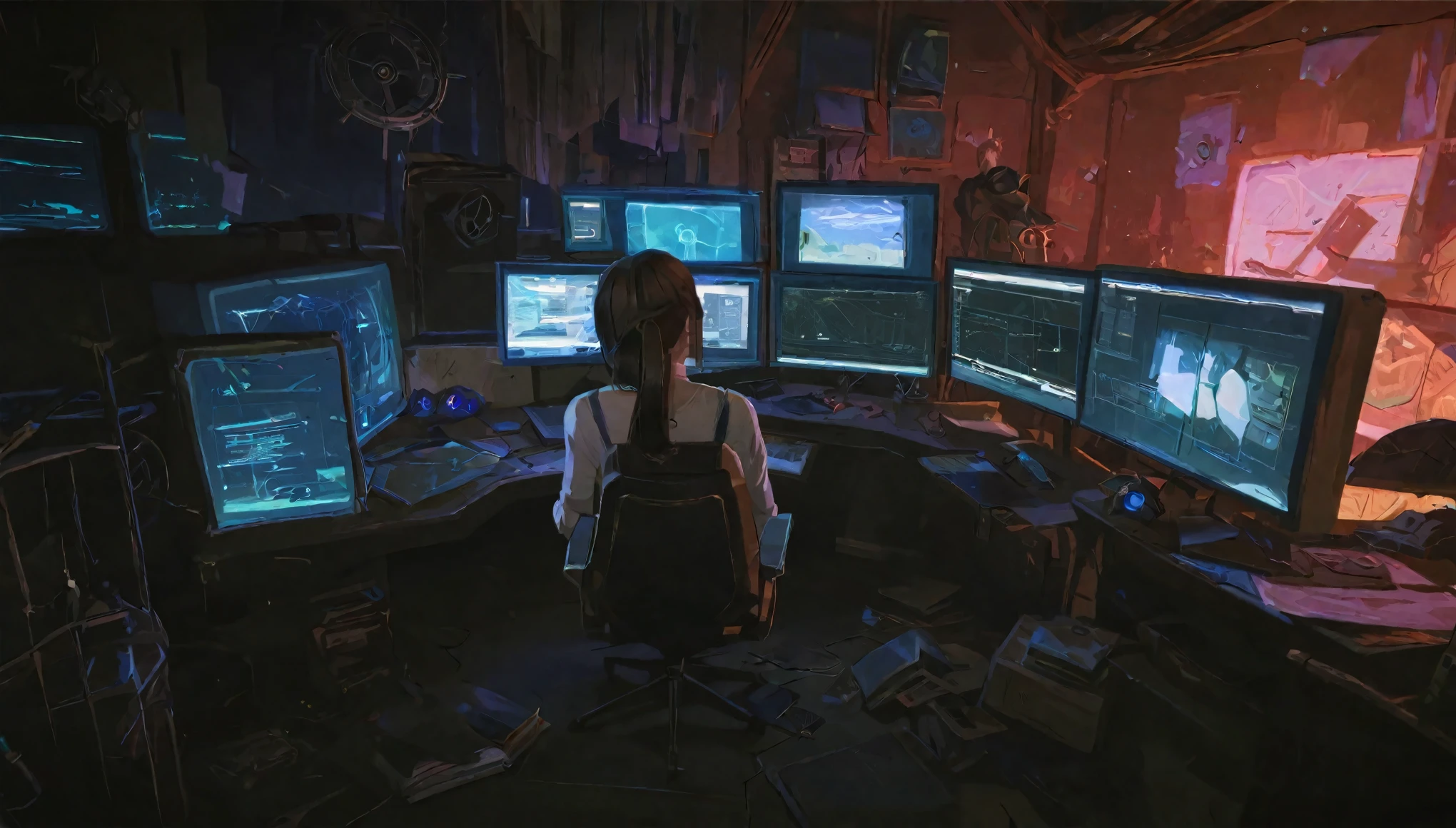 score_9, score_8_up, score_7_up, score_6_up, best aesthetic, Arcane, 1girl glasses bangs, watching monitors, multiple multiple monitors, hologram, messy room, shadow, dim light, dark room. messy, detailed background, science fiction, cyberpunk retro dystopian futuristic
