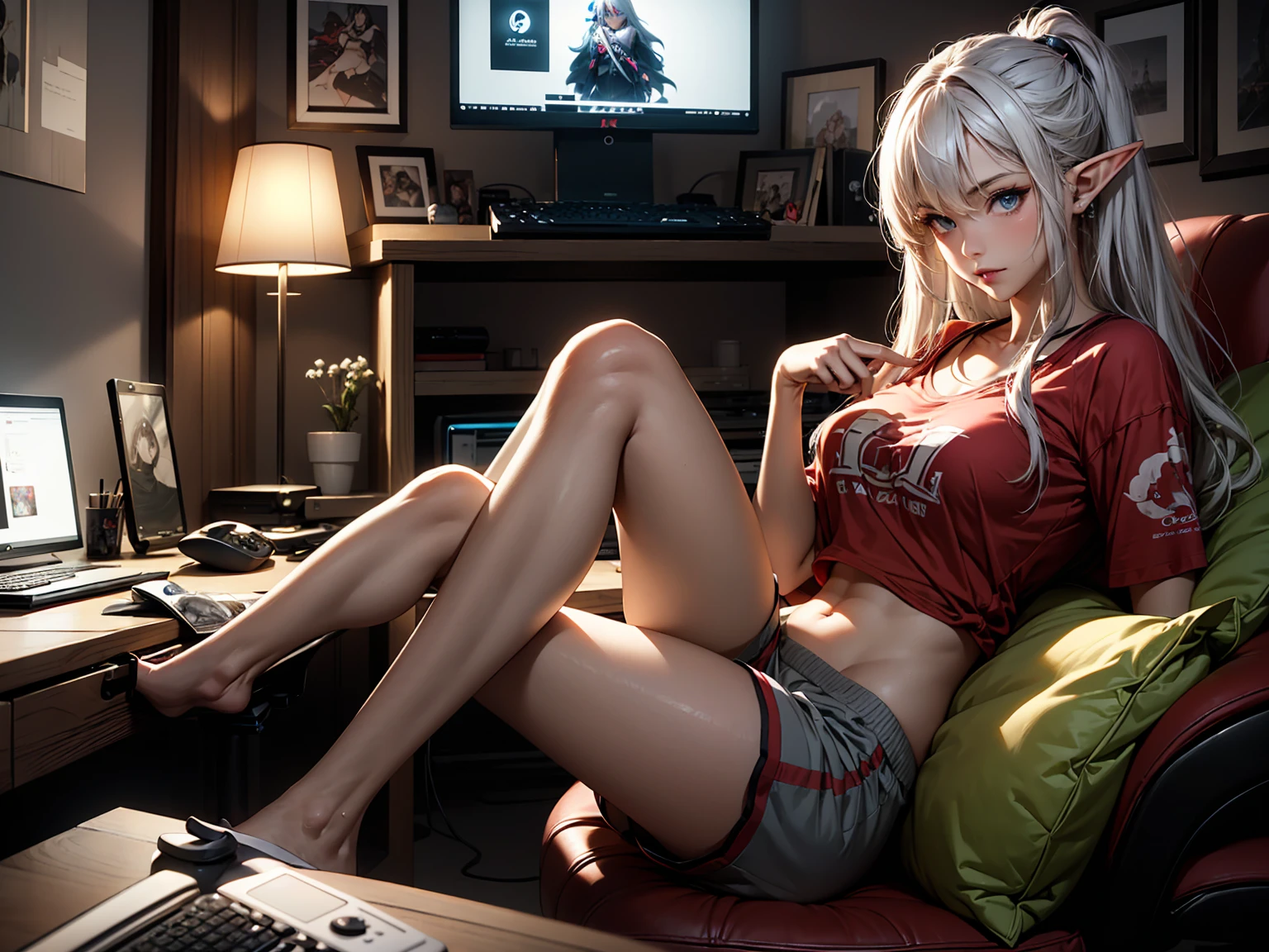 Create a high-quality, detailed image of a beautiful, anime elf gamer girl with tattoos and long hair, beautiful eyes, sitting at her gaming PC in her gaming room. She is wearing a sexy shirt and sleep shorts, showing her midriff, highlighting her stunning curves. The warm, inviting scene includes soft ambient lighting, comfortable seating, The setting is illuminated by a small lamp, creating a serene and intimate atmosphere