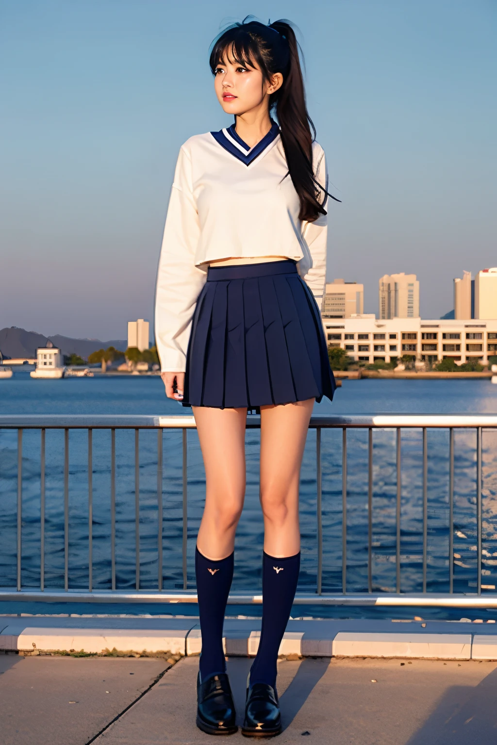 best quality,masterpiece,1girl, solo, (torn clothes:1.3),  blush,,akebi_komichi, akebi-chan_no_serafuku, 1girl, black_hair, long_hair, hair_behind_ear,blue_sailor_collar, blue_skirt, pleated_skirt, blue_socks, long_sleeves, brown_footwear, loafers,in a city floating in sky,floating_hair