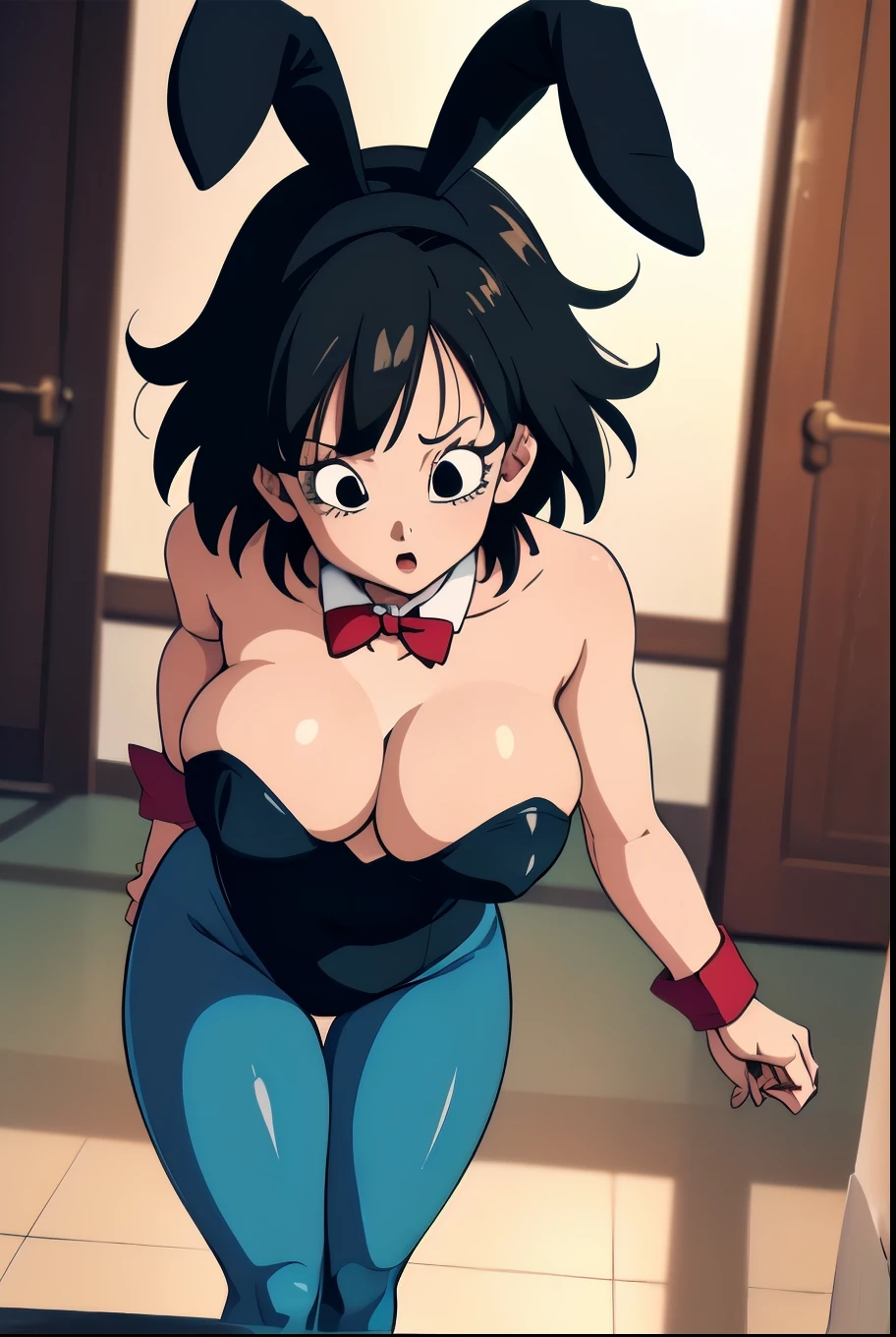 (masterpiece, best quality, highres, dragon ball, Gine, black hair, blunt bangs, short hair, Bulma playboy bunny outfit, playboy bunny, rabbit ears, ((blue pantyhose)), red bowtie, wrist cuffs, (black leotard), large breasts, Saiyan Tail, cowboy shot, confused expression, ((groping boobs:1.2)), indoors, leaning forward, 2 arms, looking downwards at herself, (groping own boobs), ((solo)), ((1girl))