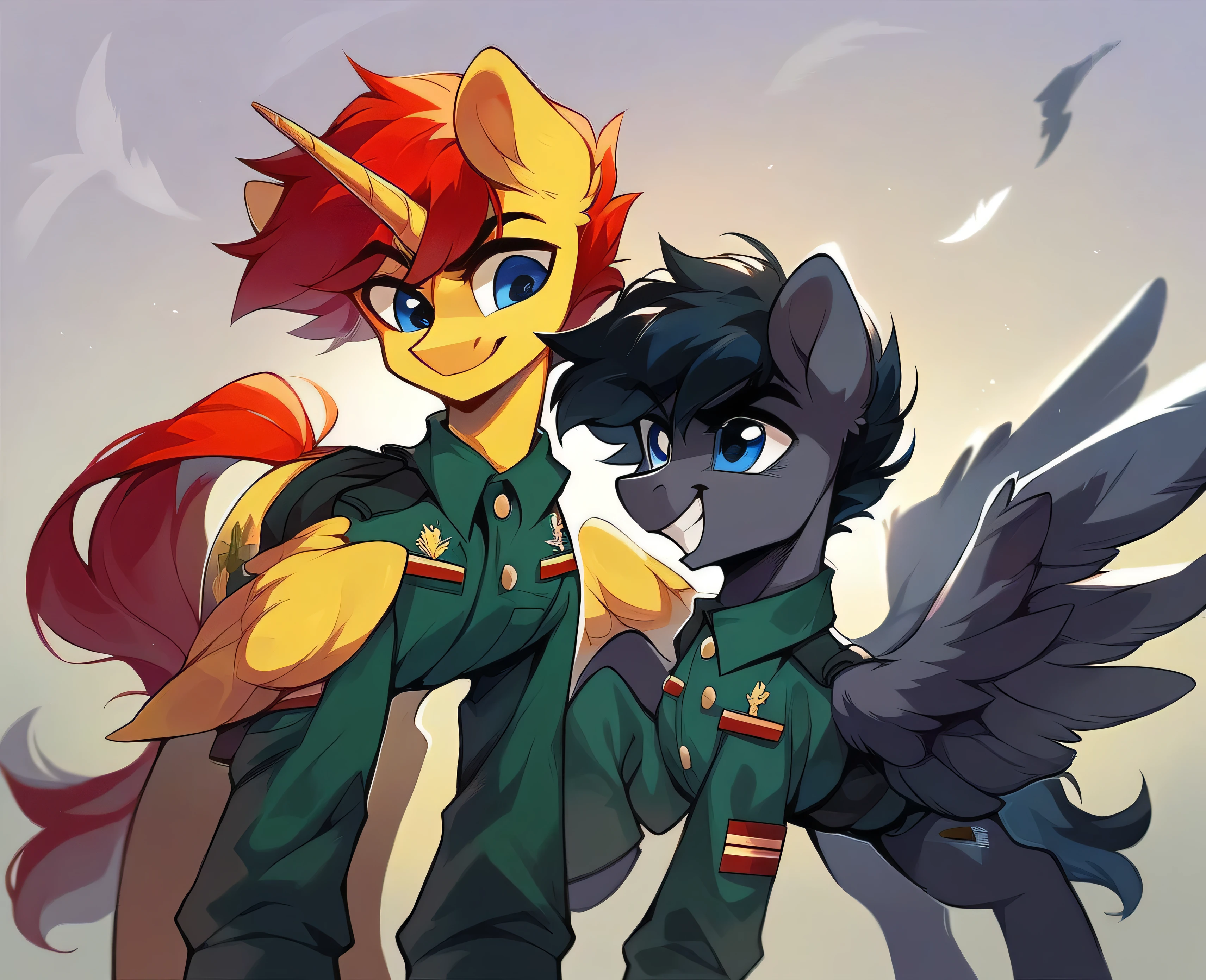 Two subjects; Male alicorn pony with black fur and red hair and blue eyes and red feathers on wings, male pegasus pony with yellow fur and black hair and blue eyes, legs around each other, posing for family photo, vietnam-era army uniforms, smiling, wide-angle shot