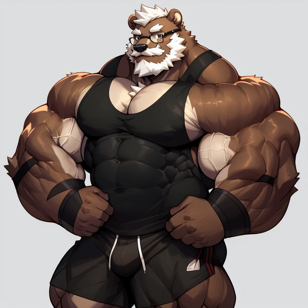 solo, 1boy, Huge Muscular Old Grizzly Bear wearing glasses, correct anatomy, steroid, pectoral, huge pectoral, wide pectoral, short white hair, black gym short pants, black wristbands and black black tank top , bearded, Mustache, simple background, masterpiece, high detailed, 8k, high resolution, at the gym, posing his muscles 