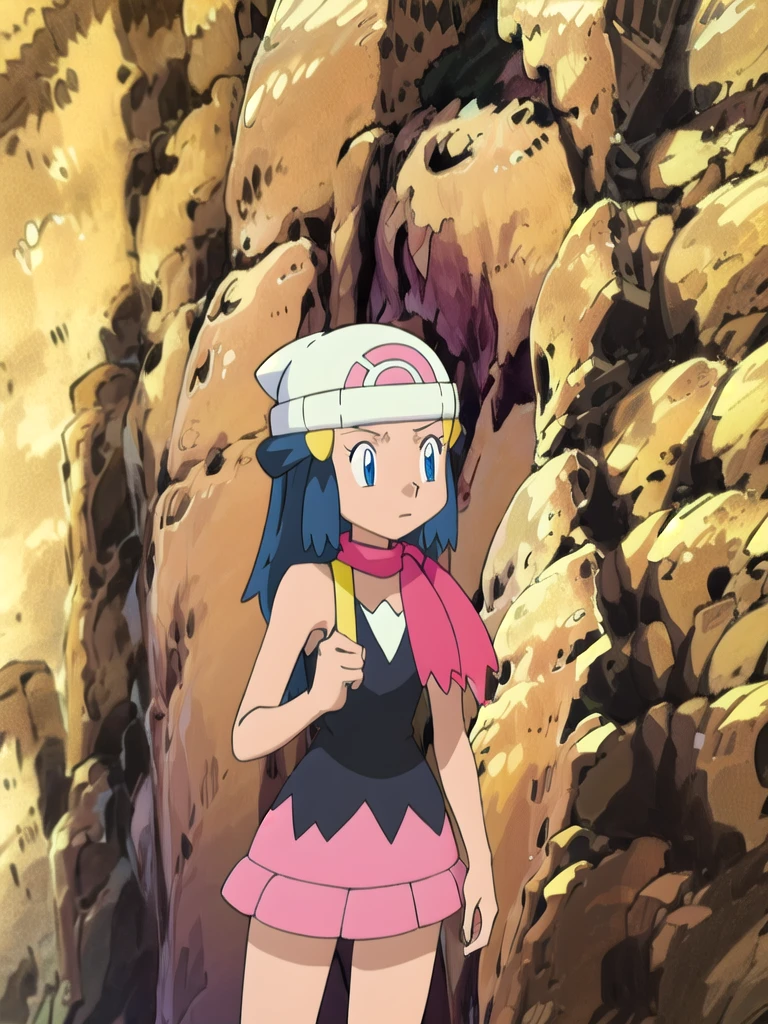 masterpiece, best quality, highres, 1girl, solo, dawn (pokemon), pink scarf, black shirt, pink skirt, hat, outdoors, bare shoulders, 