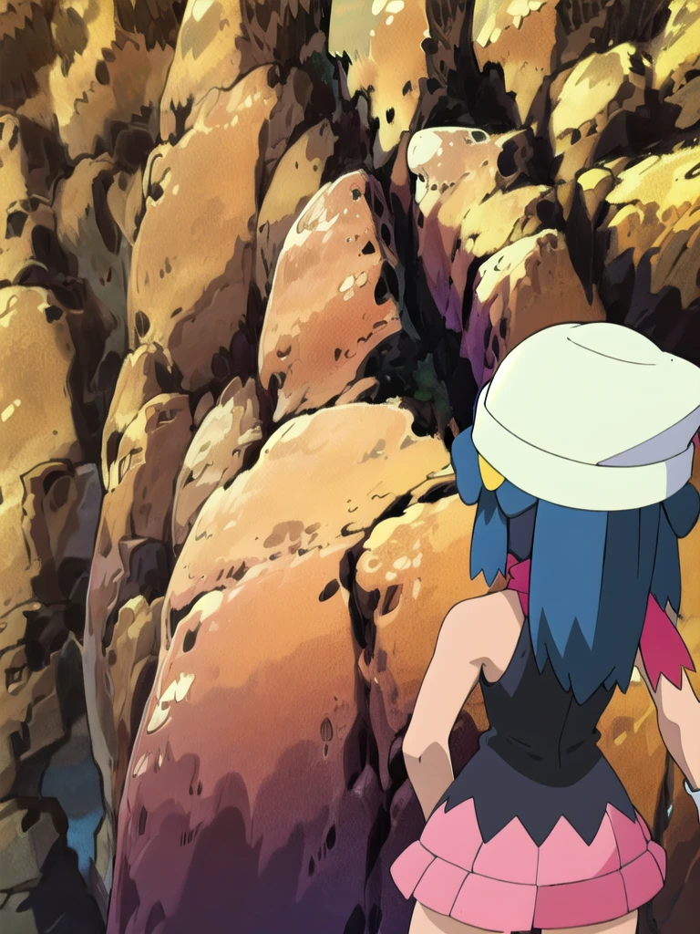 masterpiece, best quality, highres, 1girl, solo, dawn (pokemon), pink scarf, black shirt, pink skirt, hat, outdoors, bare shoulders, 