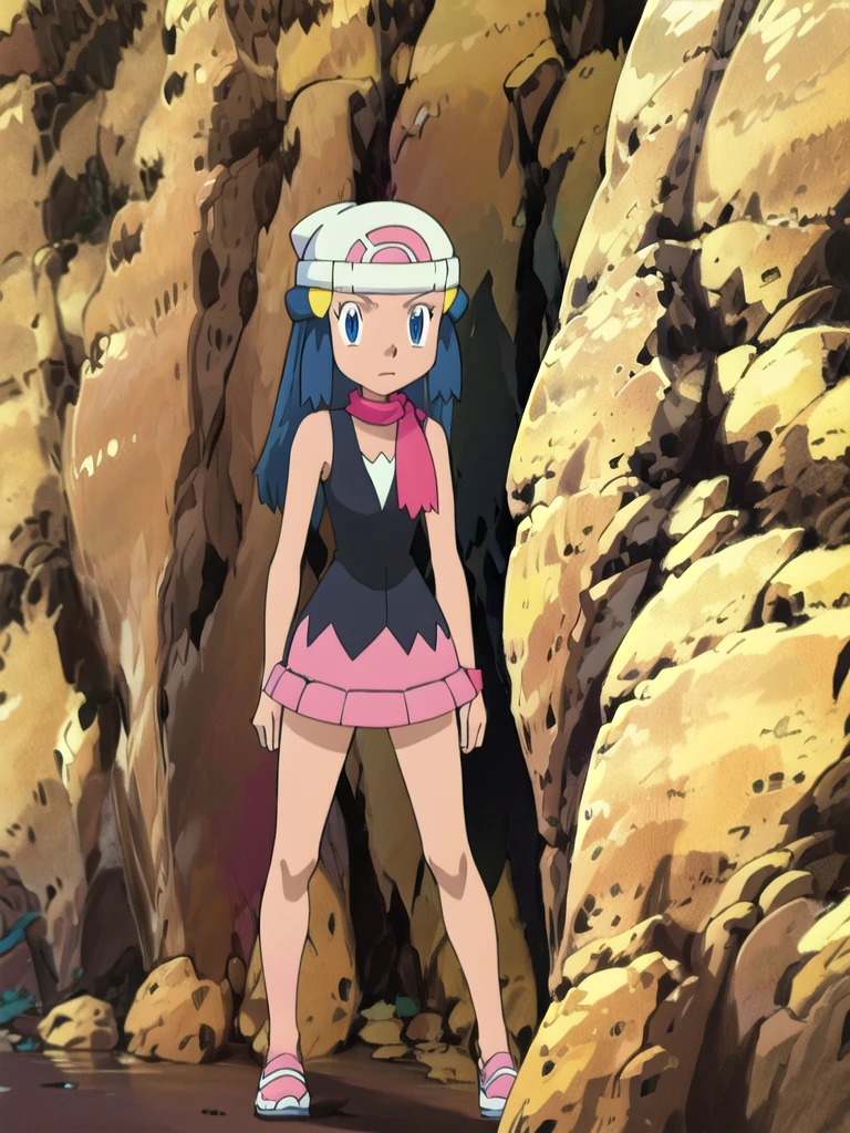 masterpiece, best quality, highres, 1girl, solo, dawn (pokemon), pink scarf, black shirt, pink skirt, hat, outdoors, bare shoulders,