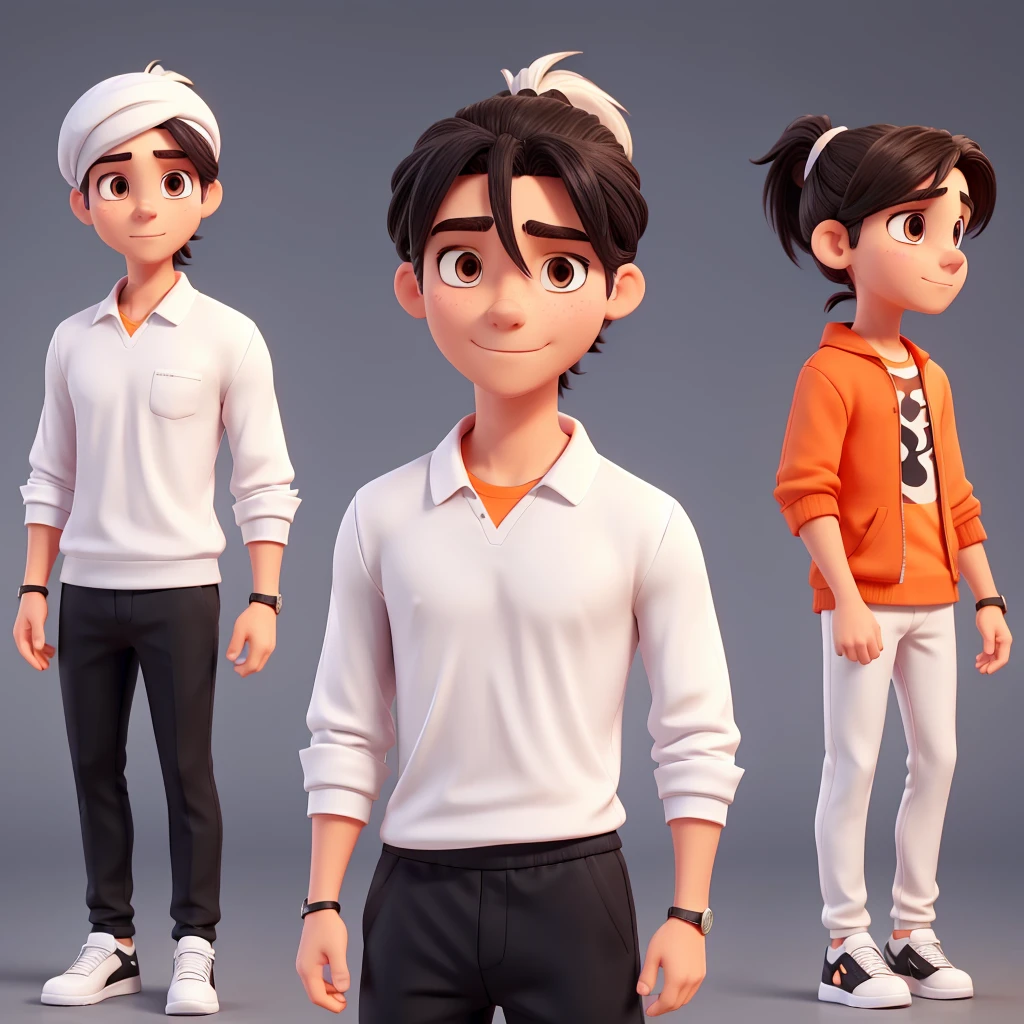 male character, White cap with ponytail hair,white mascara, orange blouse with long sleeves, black pants,black sneakers(male character