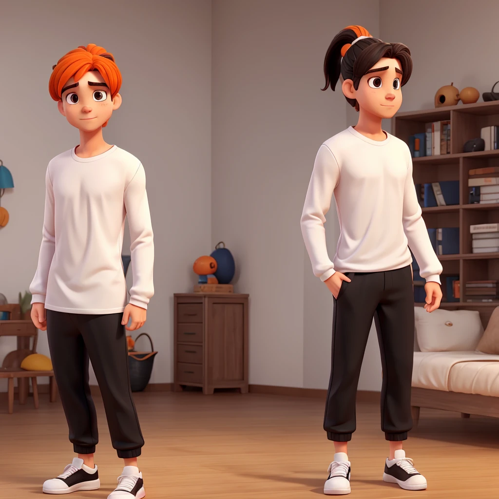 male character, White cap with ponytail hair,white mascara, orange blouse with long sleeves, black pants,black sneakers(male character