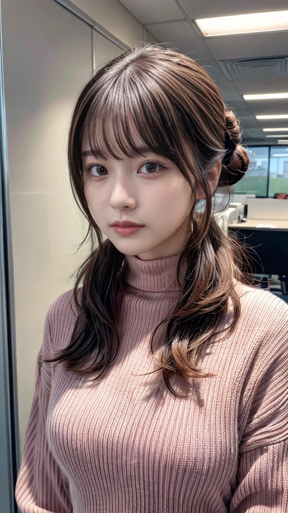 highest quality,Very detailed,finely,High resolution,8k wallpaper,Perfect dynamic composition,20 yo, Office Lady,whole body,Are standing,Pink knitwear,turtleneck,Shedding bangs,updo,finel beautiful eyes,Natural Lip