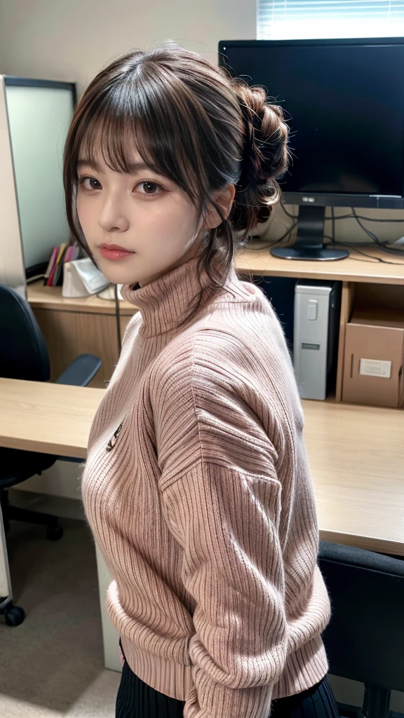highest quality,Very detailed,finely,High resolution,8k wallpaper,Perfect dynamic composition,20 yo, Office Lady,whole body,Are standing,Pink knitwear,turtleneck,Shedding bangs,updo,finel beautiful eyes,Natural Lip