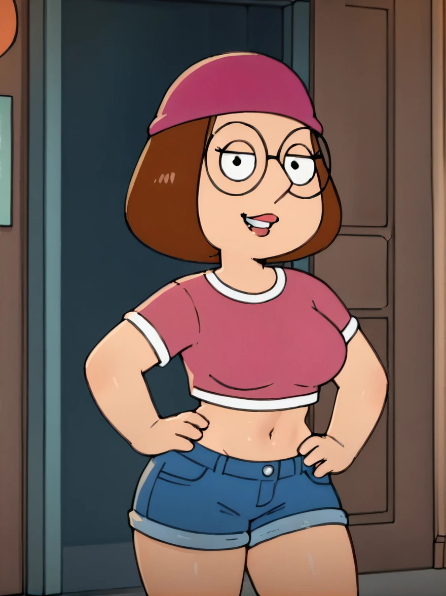 meg, brown hair, 1girl, glasses, solo, short hair, flat color, blue short shorts, beanie, pink crop-top,standing, hand on own hip,  looking at viewer, smile, extra large breasts, thick thighs, thin waist