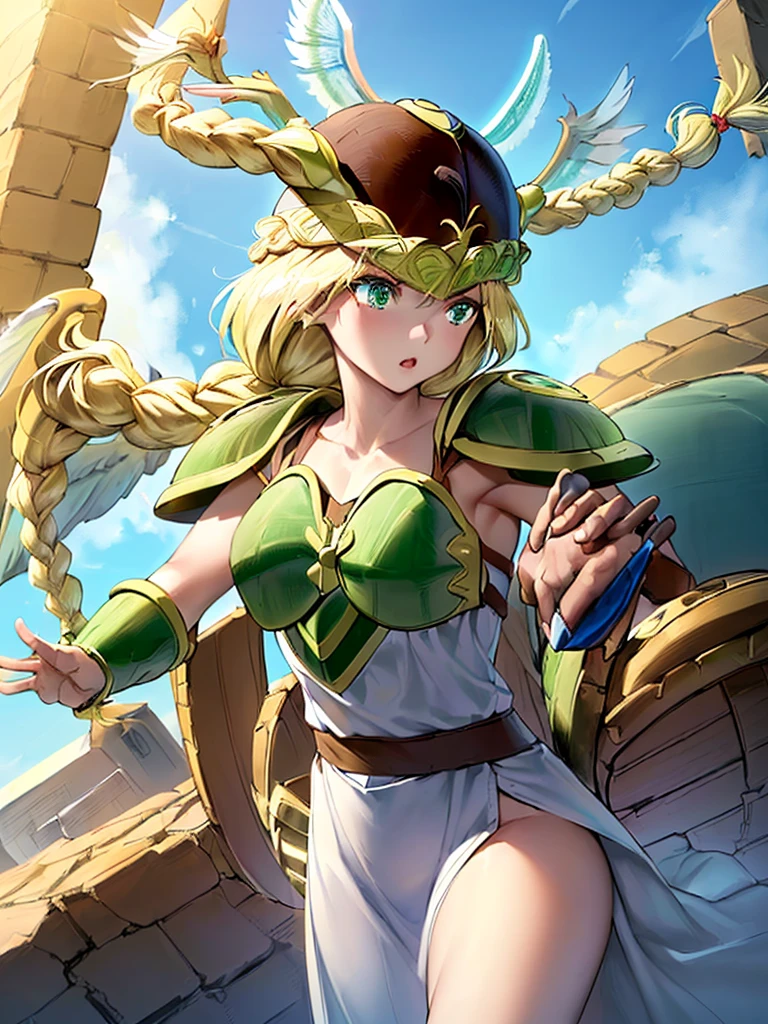 masterpiece,best quality,(1girl:1.5), 18yo, beautiful girl,BREAK,(Armor:1.3),(Helmet with wings:1.2),(Beautiful blonde,braid,Green Eyes:1.5),BREAK,(White Dress,Green panties:1.4),BREAK,(blush:1.5), (blue sky:1.2),(Running on clouds:1.3),(move chart:1.3),(fly in the sky:1.5)