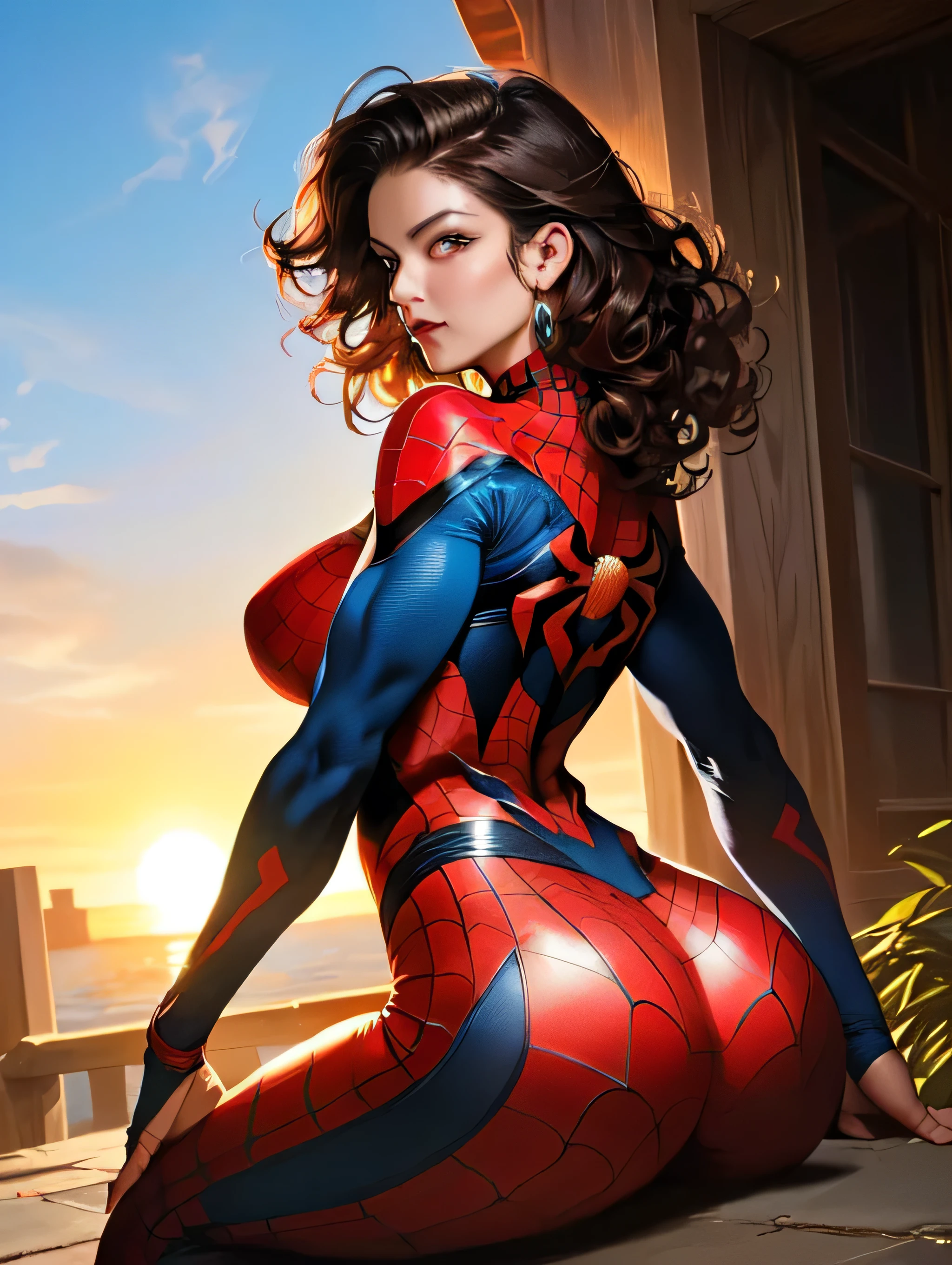 ((best quality)), ((masterpiece)), (detailed), woman 40 years old, beautiful and confident, huge round, strong biceps, large , brown curly hair, She wears Spider-Man suit, ((Very detailed eyes and face)))), super beautiful body, the sun is at sunrise, hands behind Her 