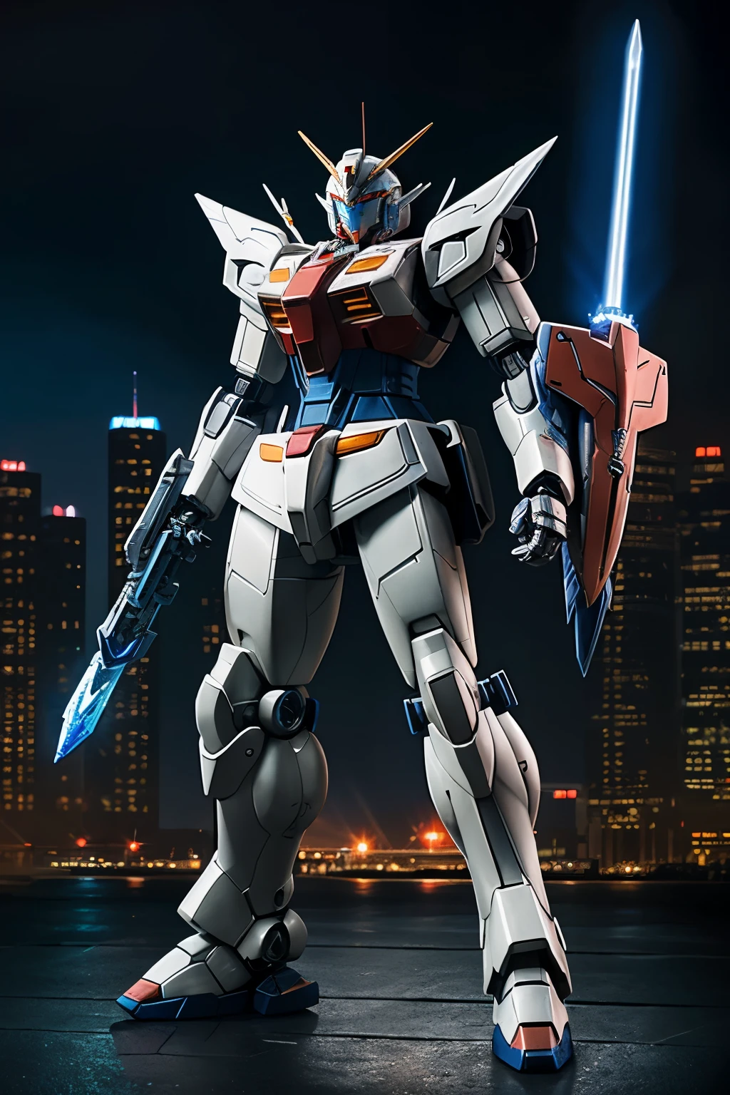  highly detailed 3D model of a futuristic Gundam robot, standing in a dynamic pose with metallic armor plates, glowing blue eyes, and intricate mechanical joints. The robot is armed with a large energy sword and a shield, set against a backdrop of a futuristic cityscape at dusk with neon lights and flying vehicles.


