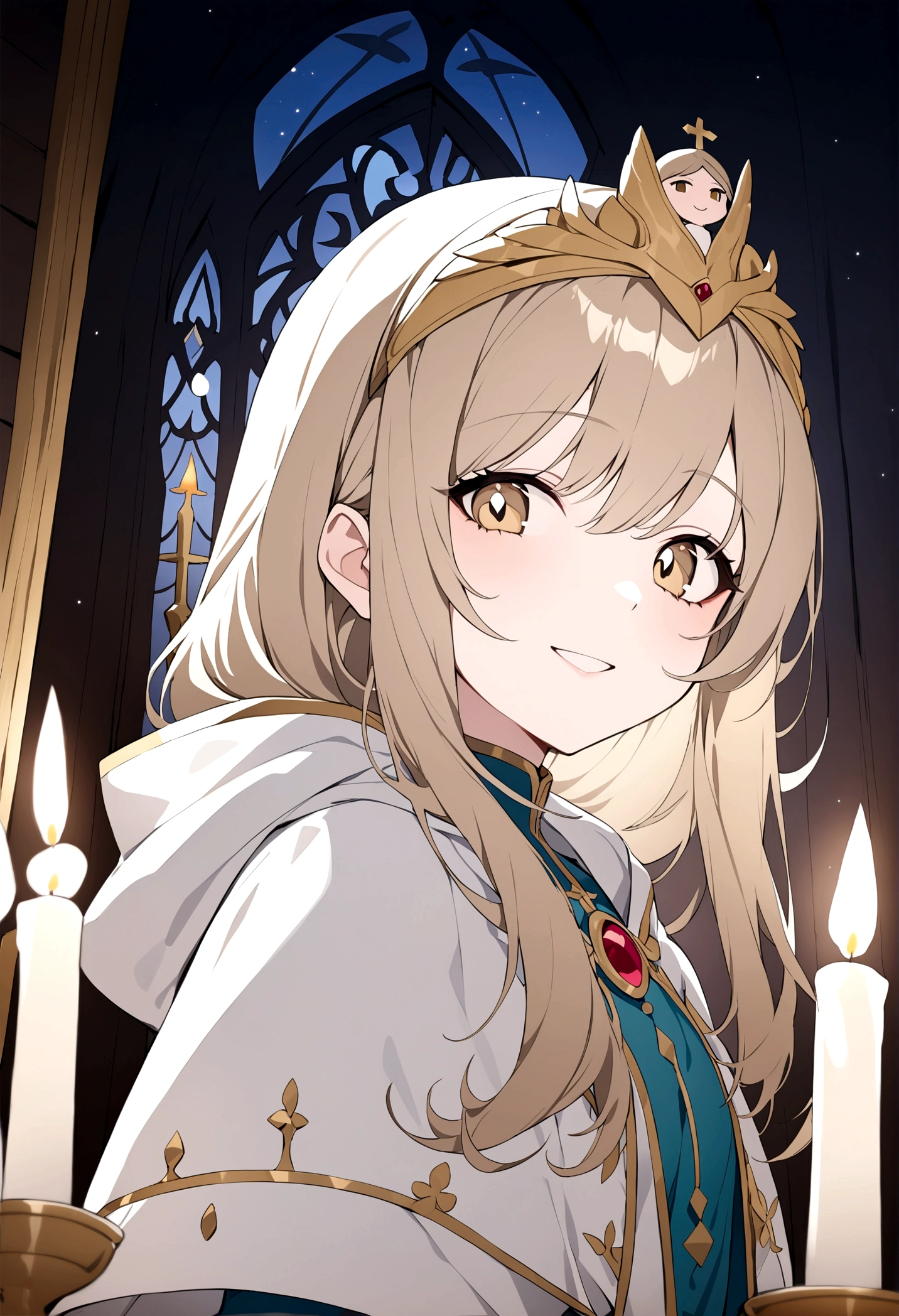 (masterpiece, 32k, 8k) a 17 year old girl, (character looking at viewer), (photo focused on character's face), priestess coat, hood on head, light brown hair, deep golden eyes, (face beautiful and heavenly, joyful smile 1.5), (candlelit hall)