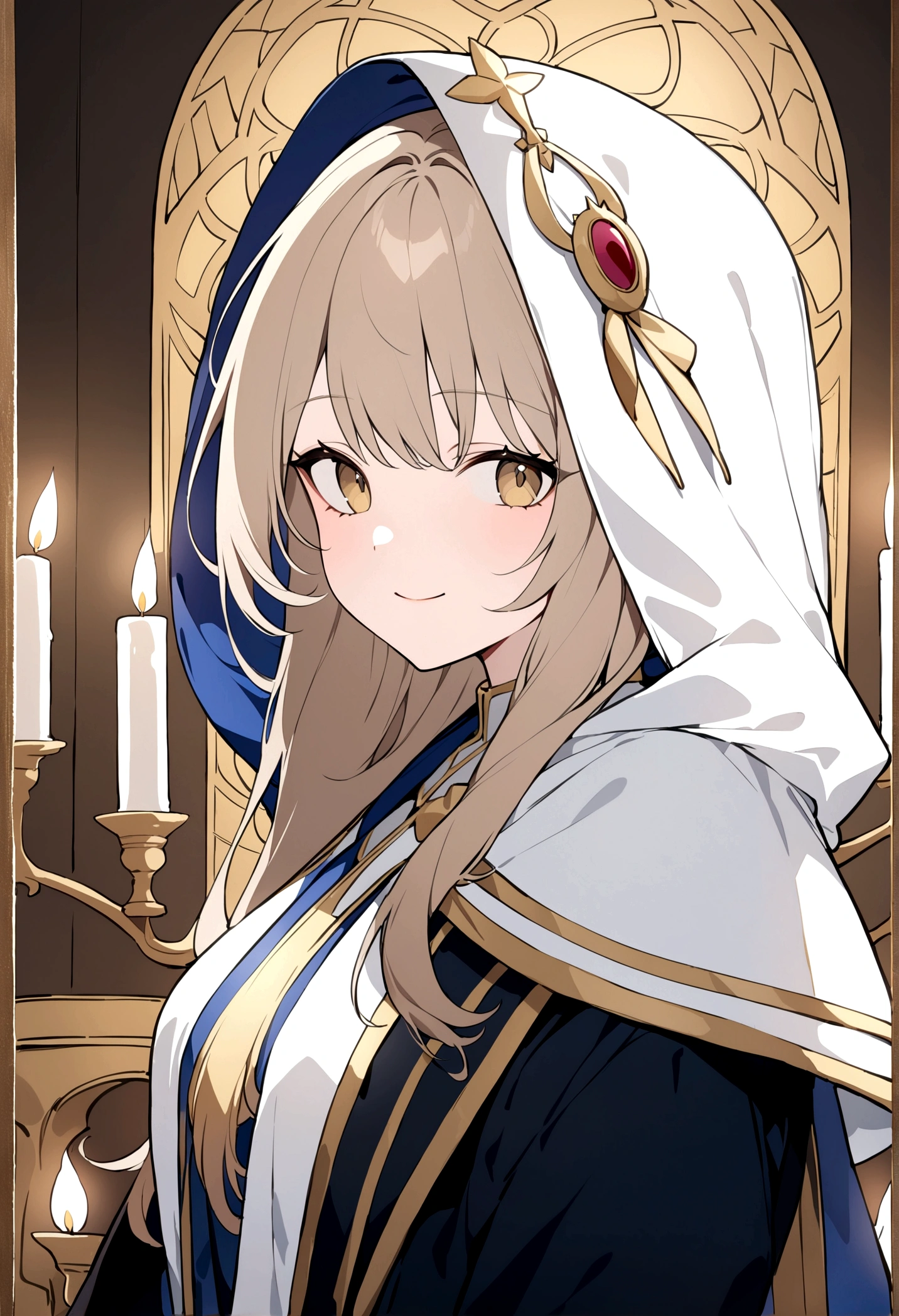 (masterpiece, 32k, 8k) a girl, (character looking at viewer), (photo focused on character's face), priestess coat, hood on head, light brown hair, deep golden eyes, (face beautiful and heavenly, joyful smile 1.5), (candlelit hall)