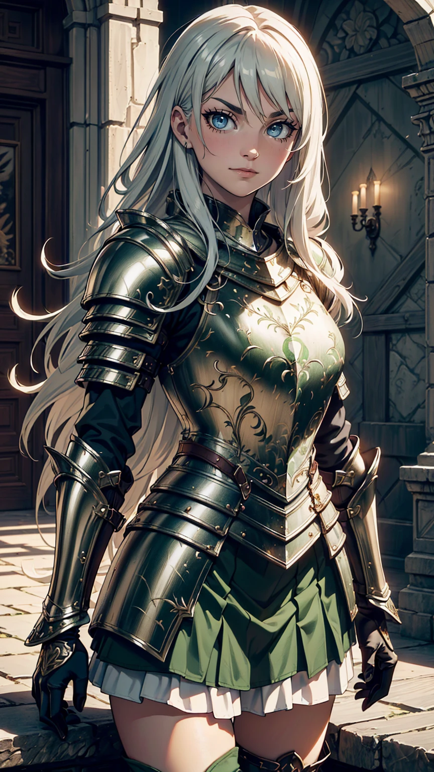 最high quality、Ultra High Definition, Ultra High Quality, Hyper Definition, Hyper Quality, Hyper Detailed, Extremely Detailed, Perfectly Detailed, Best image quality、masterpiece、anime woman((20-year-old、super dynamic pose , Green solid eyes, Silver long Hair、Disheveled Hair、Long White Hair,  Glove、Green Skirt, Noble Armor, Smirk, cheerful expression, Detailed Cuirass , Dressed in Full Coverage Noble Plate Armor, leg armor)),high quality、Beautiful art、background((Inside the mansion))、Written boundary depth、  movie、Visual Arts、Perfect art、8K,Genuine、