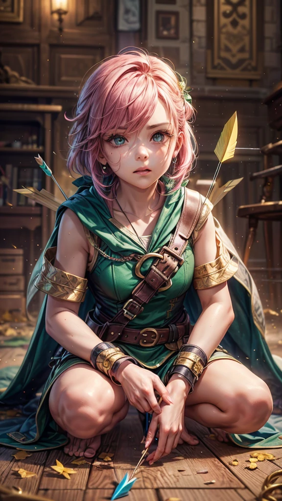 a girl with pink hair in bangs, square cut, determined facial expression, big blue eyes, arrow holder on her back, wearing a green short sleeveless dress, green cape, bare feet, big leather belt, arrows on the ground, bow pose on the floor, sitting on the floor, looking at the camera, highly realistic, Clash Royale character, best quality, best lighting, dynamic point of view