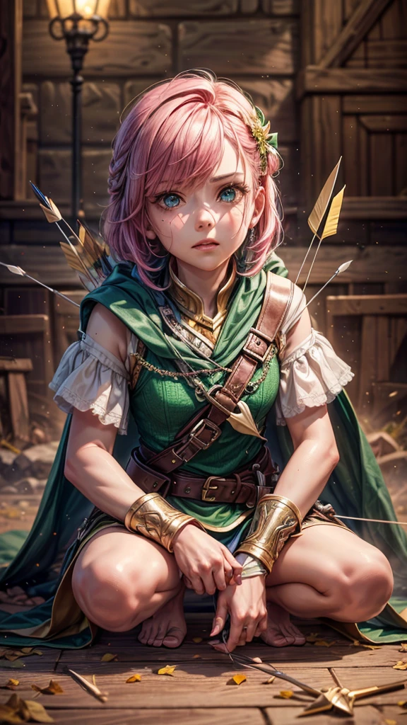 a girl with pink hair in bangs, square cut, determined facial expression, big blue eyes, arrow holder on her back, wearing a green short sleeveless dress, green cape, bare feet, big leather belt, arrows on the ground, bow pose on the floor, sitting on the floor, looking at the camera, highly realistic, Clash Royale character, best quality, best lighting, dynamic point of view