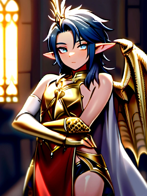 A young androgynous Gender: male character with feminine facial features and a masculine identity. He belongs to a hybrid race of dark elves and dragons in a fantasy setting. Her skin is black with golden dragon scales, pointed elf ears, golden eyes, fantasy blue hair, and dragon wings on her sexy torso. He wears a sexy black and red medieval tunic, a gold and white cape, gold clothing and a black bag on the right side of the hip, and a silver crown with the logo of a golden dragon, heavenly prince, cute and flirtatious.
Medieval knight of the human race Kilian, a white man, with blue eyes and a beard, attractive and very masculine, hugs a Dragelff creature called Phoenix, half dark elf and half dragon, fantasy blue hair and golden eyes, beautiful interracial homosexual couple, from medieval fantasy.
