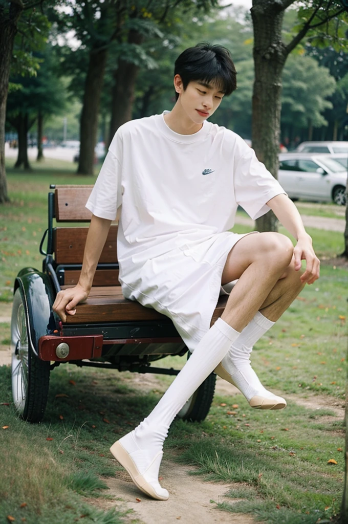 nansheng,1 boy,Solitary,Wearing white Nike socks，Socks and feet close-up，Male focus,sky空,outdoor,sky,Practical,shirt,Grass,Whole body,white shirt,Shut up, wear white thong panties,(The best shadow),Wheels within wheels, bright, Lens distortion correction，(The best shadow),Wheels within wheels, bright, Lens distortion correction