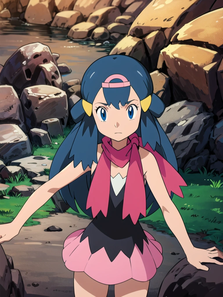 masterpiece, best quality, highres, 1girl, solo, dawn (pokemon), pink scarf, black shirt, pink skirt, hat, outdoors, bare shoulders,