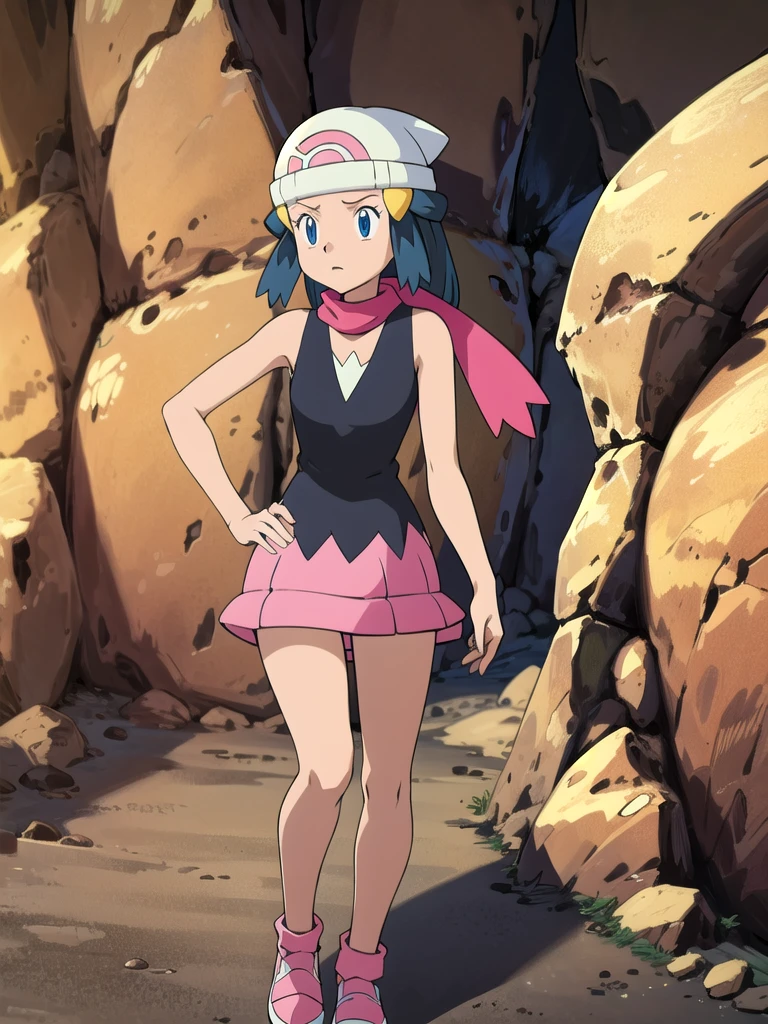 masterpiece, best quality, highres, 1girl, solo, dawn (pokemon), pink scarf, black shirt, pink skirt, hat, outdoors, bare shoulders, 