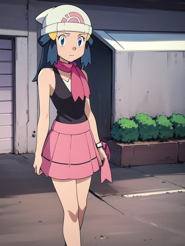 masterpiece, best quality, highres, 1girl, solo, dawn (pokemon), pink scarf, black shirt, pink skirt, hat, outdoors, bare shoulders,