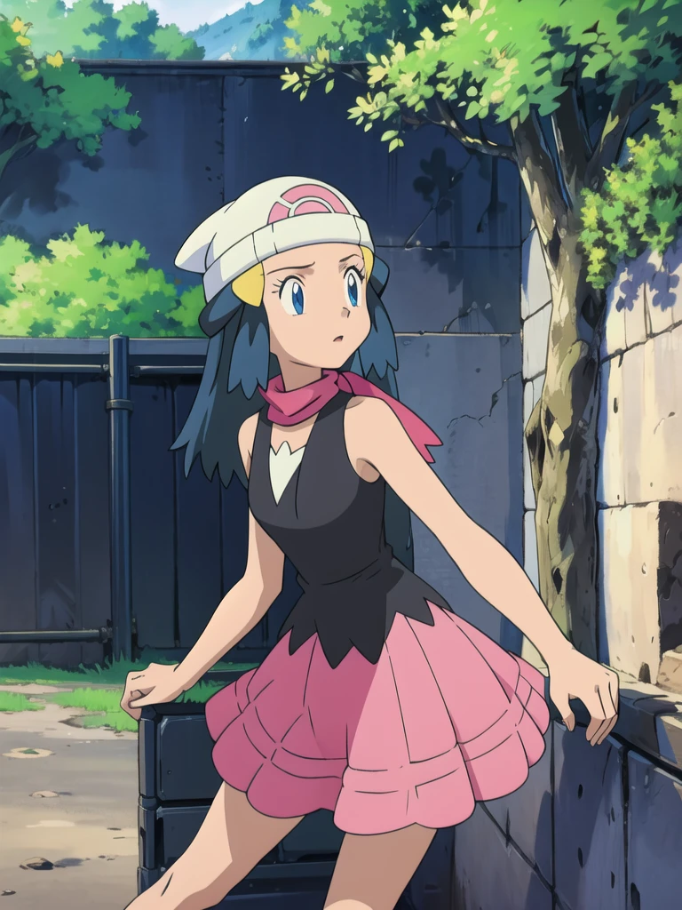 masterpiece, best quality, highres, 1girl, solo, dawn (pokemon), pink scarf, black shirt, pink skirt, hat, outdoors, bare shoulders, 