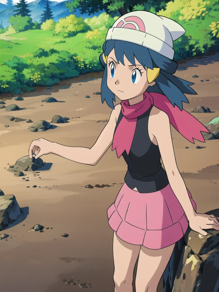 masterpiece, best quality, highres, 1girl, solo, dawn (pokemon), pink scarf, black shirt, pink skirt, hat, outdoors, bare shoulders, 