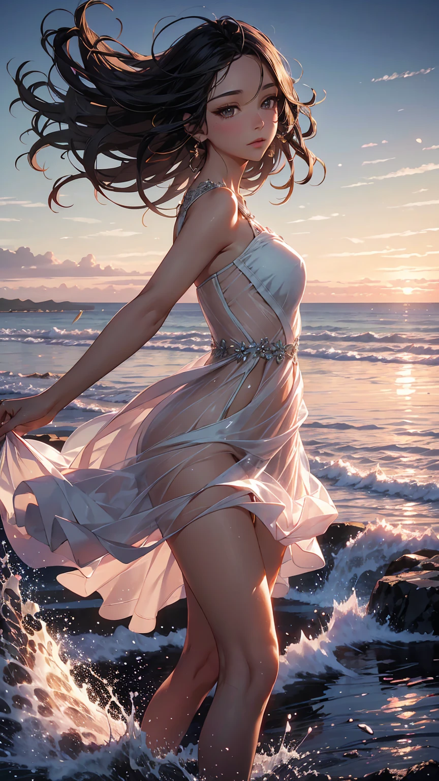 concept:Portrait of a woman dancing in the sea. quality:(最高quality, 4K, 8K, High resolution, masterpiece:1.2), Very detailed, (Realistic, フォトRealistic:1.37). illumination:Bright colors, Lens flare, The dramatic atmosphere of the whole scene, 優美なillumination, Soft and warm color palette. Subject Intelligence:Attractive woman dancing in the sea, Windになびく長いブロンドの髪, Glittering Dress, Windになびくドレスの裾, Beautiful attention to detail, Beautiful lip detail, Long eyelashes, Elegant pose, Captivating Gaze, Graceful dance steps:1.4, Captivating rhythm, Subtle reflection, Flowing fabric, Delicate sense of movement. Other details:Carbonated water, sunny, Sunlight pouring down, Wind, Soft Waves, Romantic atmosphere, Shining Background, Ocean view, Elegant Fluidity, Quiet atmosphere, majestic performance, An otherworldly experience, Whisper of Light, Great effect with soft focus lenses, Soft natural light, Illustration of movement, Blurry, Lens flare, Background blur, Surreal, Bright colors.