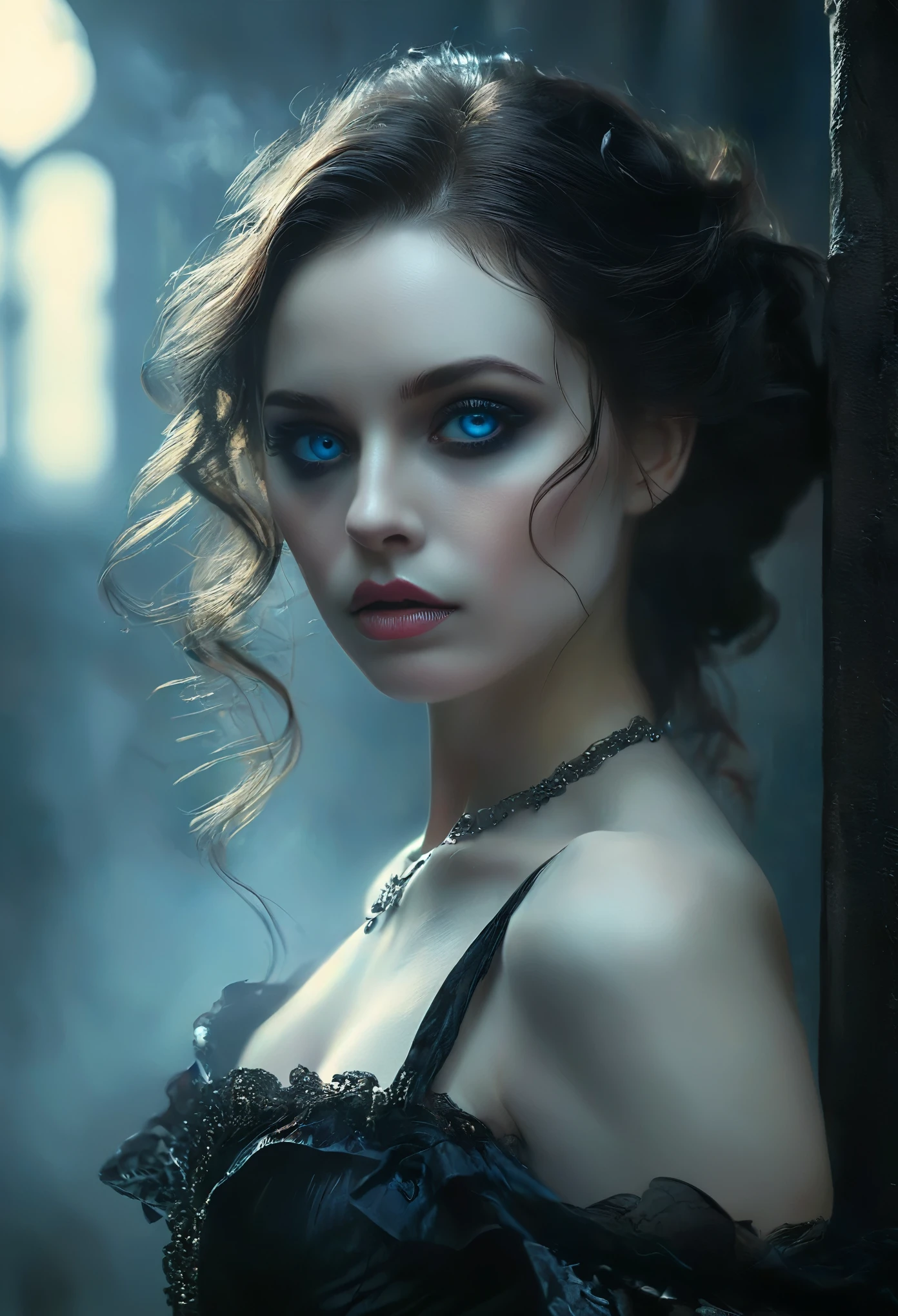 (masterpiece), ultra-realistic, portrait of a beautiful pale skinned vampire, black enamel, light makeup, bright blue eyes, dark and gloomy environment, detailed facial features, dramatic lighting, moody atmosphere, cinematic composition, photorealistic, high contrast, chiaroscuro, dark fantasy, gothic style