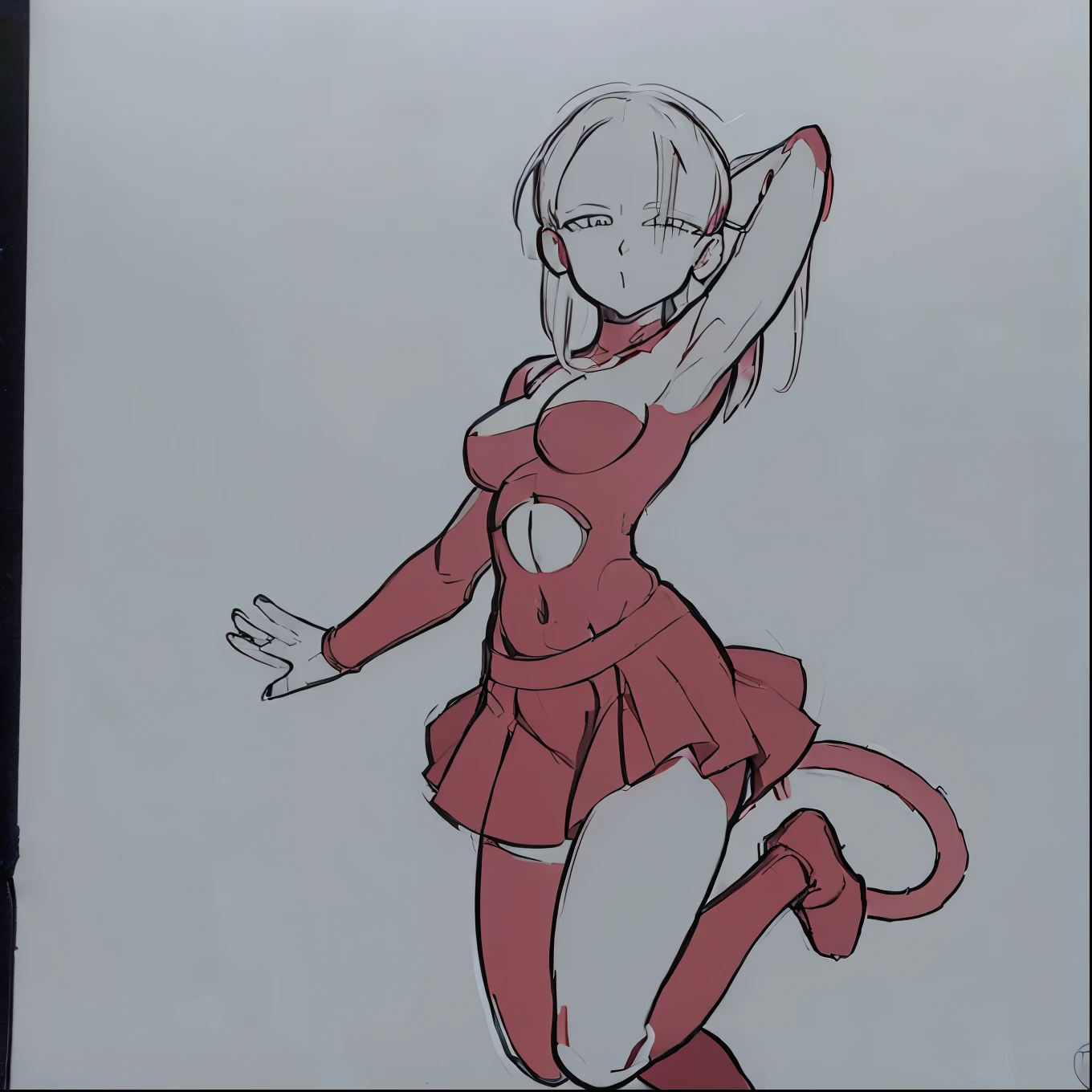 Female, ((Sketch Anime Pose)), Sketch base, base, one leg up, jumping, one hand up, holding ball of energy, super saiyan 4, tail, blank background