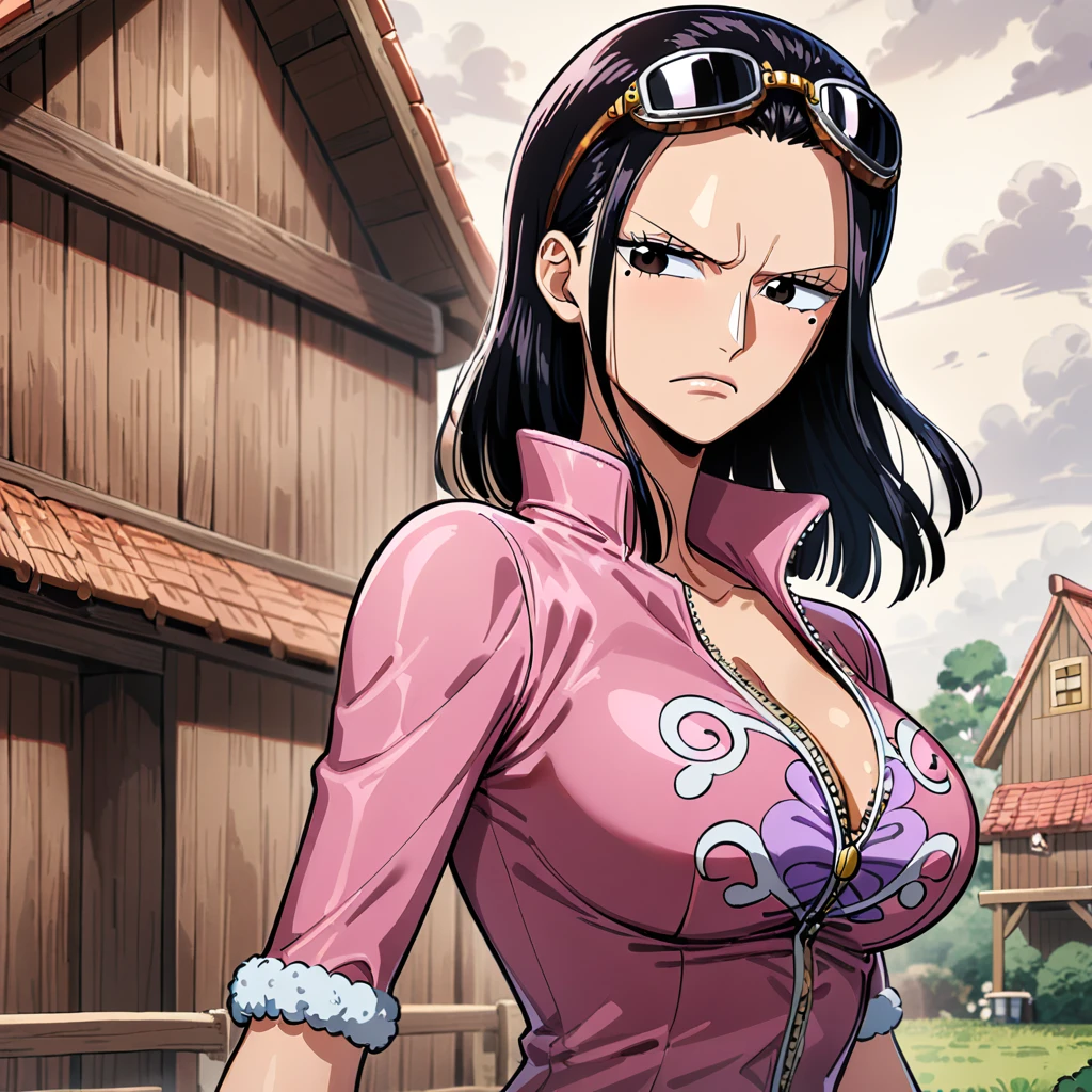 1girl, Nico Robin, from One Piece, center, serious face, pink short-sleeve shirt, black goggles on her head, brown hair, mole under left eye, wooden house background, masterpiece, best quality, very aesthetic, absurdres, ((medium quality)), ((medium quality))