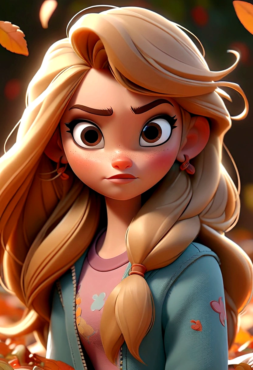 A photo from a 3D Disney movie of a pretty girl with long, straight blonde hair and blonde highlights. In the Pixar, Disney style, beautiful clear and detailed face, huge brown eyes, adorable. Autumn vibes. Unreal 8k octane rendering engine