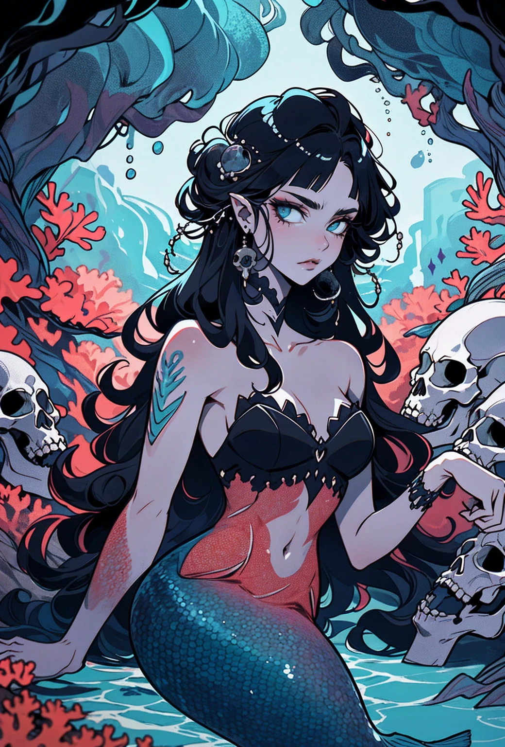 {-erro_de_anatomia:1.0} woman 30 years old, underwater, skeleton, corpse,Under the sea, where coral tendrils and vines abound, a woman (mermaid), long blond hair (blond hair) looks at you amidst a pile of bones and skulls. Indifferent look , merciless. Lying among the skulls.
