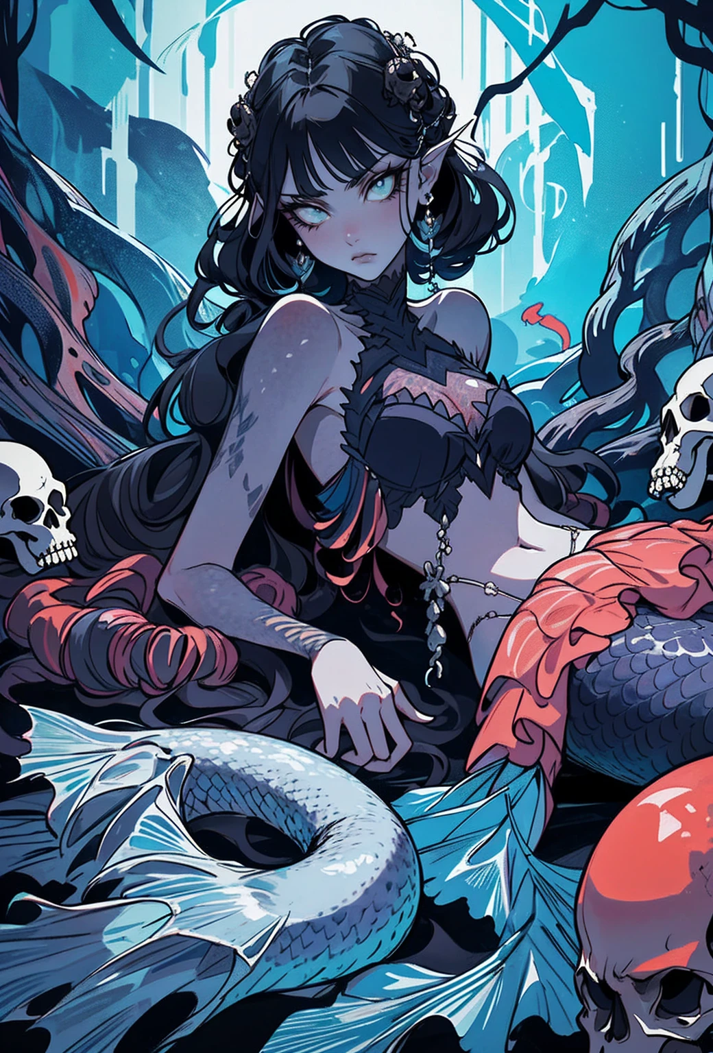 {-erro_de_anatomia:1.0} woman 30 years old, underwater, skeleton, corpse,Under the sea, where coral tendrils and vines abound, a woman (mermaid), long blond hair (blond hair) looks at you amidst a pile of bones and skulls. Indifferent look , merciless. Lying among the skulls.
