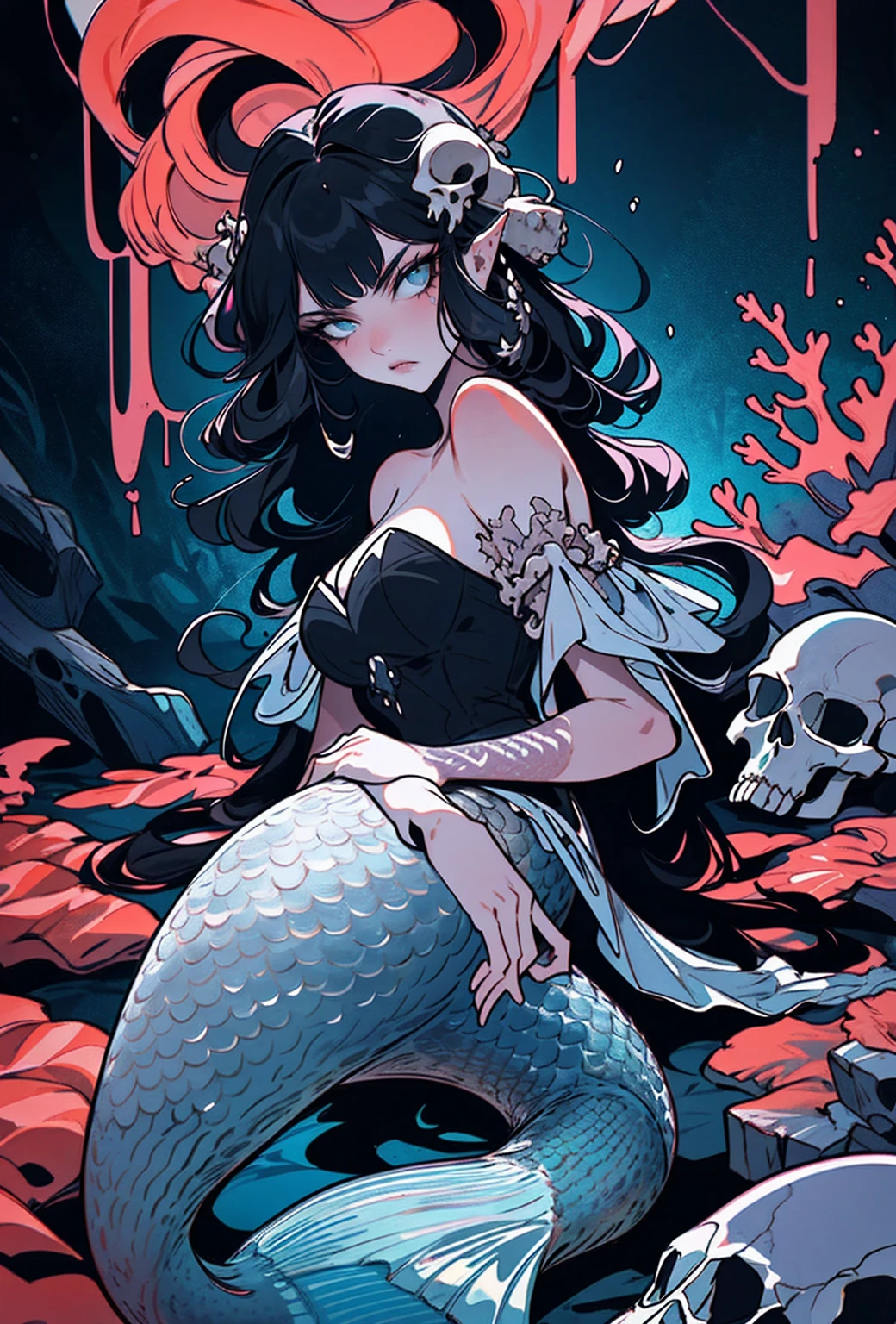 {-erro_de_anatomia:1.0} woman 30 years old, underwater, skeleton, corpse,Under the sea, where coral tendrils and vines abound, a woman (mermaid), long blond hair (blond hair) looks at you amidst a pile of bones and skulls. Indifferent look , merciless. Lying among the skulls.
