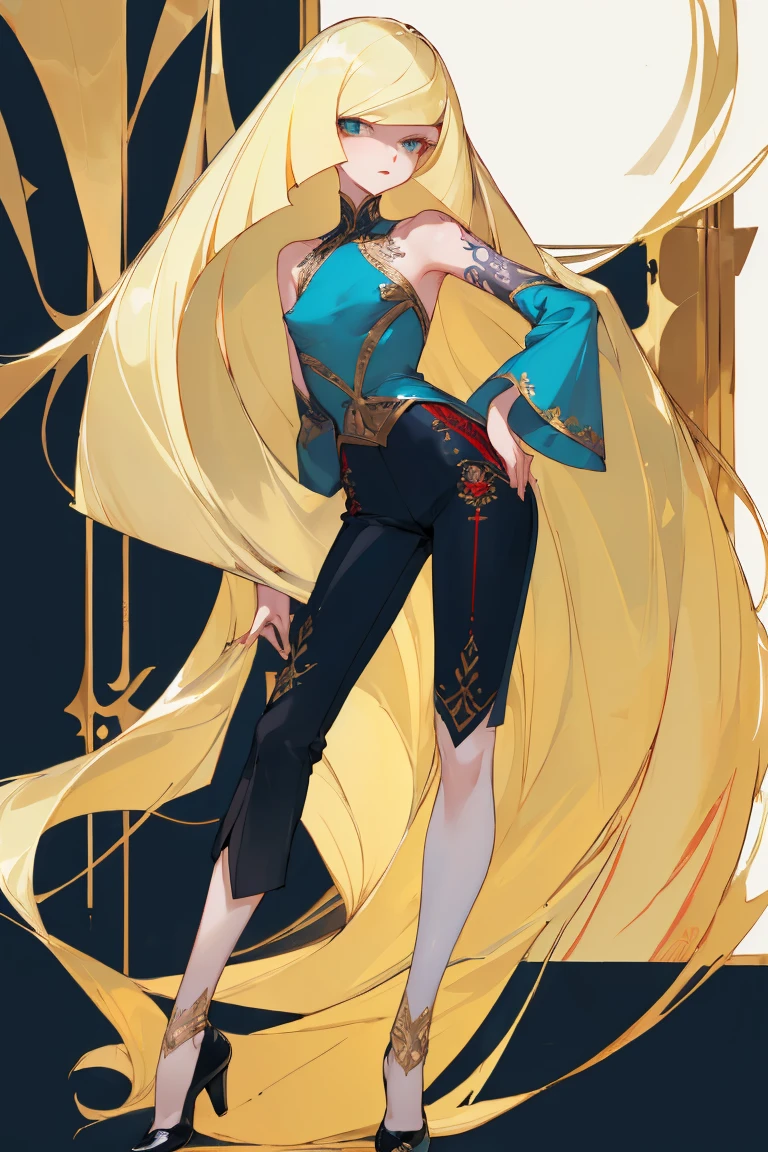 ((Highest quality)), ((masterpiece)), (Familiar), Lusamine,Tattoo,thin,Long blonde hair,Small breasts,Small breasts,Erect nipples,Adult female,Green Eyes,Slanted Eyes,Blue Shirt,No sleeve,Gold embroidery,Black shoes,Fascinating,Red pants