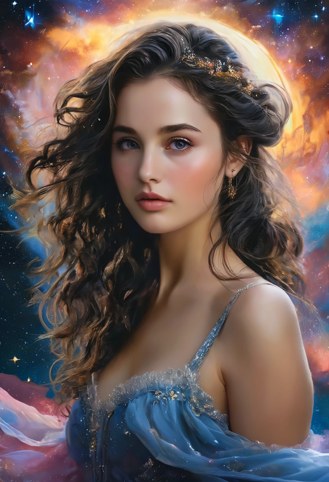 (best quality,4k,8k,highres,masterpiece:1.2), ultra-detailed, (realistic,photorealistic,photo-realistic:1.37),(Numerous award-winning masterpieces, incredibly detailed and textured, maximal resolution and clarity), (Hyper-realistic:1.4)a beautiful girl in the foreground, (She is half French, and is a stunning beauty with detailed eyes and a high nose:1.1), thick eyebrows, detailed facial features, long graceful neck, flowing locks of hair, poised and elegant posture, dreamy atmosphere, Surrealism, mystical aura, Charlie Bowater, 19th-century France, seductive, (detailed landscape of asgard in the background, aurora shining in the sky:1.6), (starry night sky with constellations:1.5), highly detailed, 8k, ultra-detailed, photorealistic, masterpiece, (natural lighting:1.4)