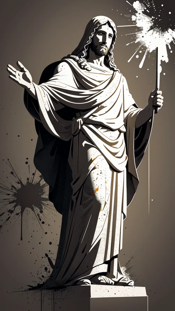 Christ the redeemer vector style 8k stencil art with pencil and splattered paint.