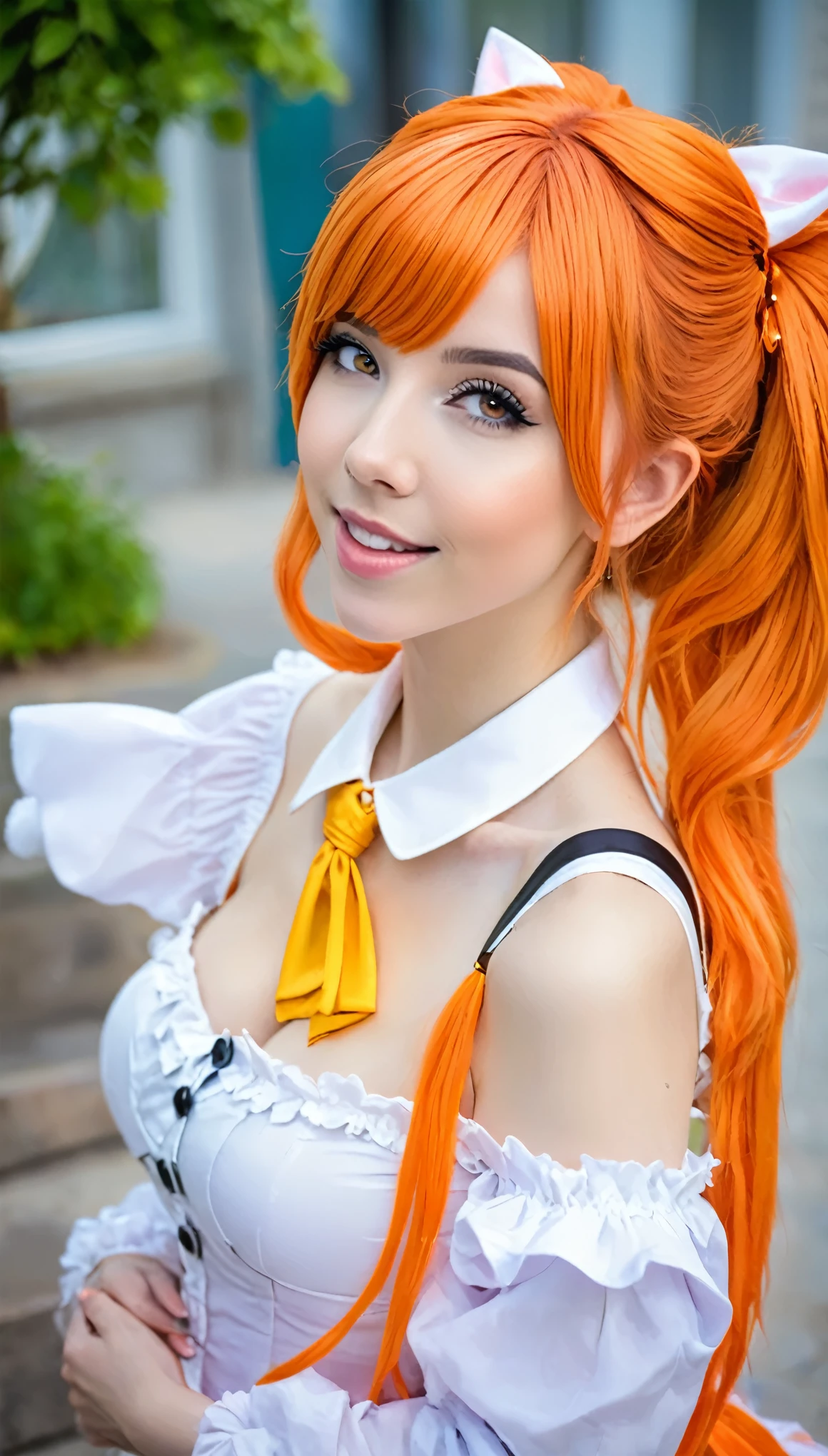 there is a woman with Rote Haare posing for a picture, amouranth, besser bekannt als Amouranth, Abonnieren, Amouranth als Superschurke, madison beer as Abonnieren, Rote Haare, Cosplay costume, orange leuchtendes Haar, Young beautiful Amouranth, belle delphine, karottenfarbenes Haar, Abonnieren outfit, ayaka Cosplay costume