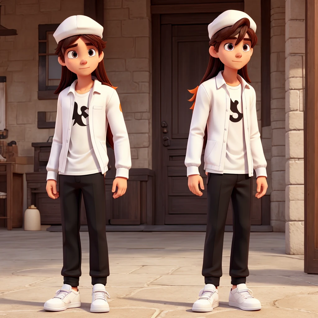  male character, White cap with long hair,white mascara, orange blouse with long sleeves, black pants,black sneakers(male character 