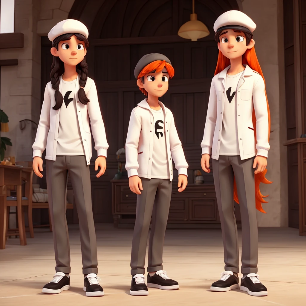 male character, White cap with long hair,white mascara, orange blouse with long sleeves, black pants,black sneakers(male character