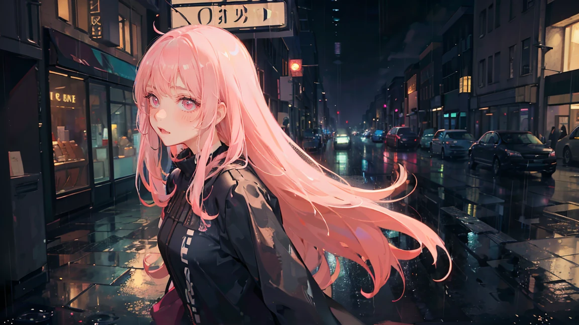 pretty anime girl, 16k quality, masterpiece, ((hyper detail background, delicate pattern, intricate detail)), best quality, intricate detail, chromatic aberration, 1 girl, splashed paint, rose color hair, messy hair, silky hairstyle, black and pink highlights, pink eyes, sharp eyes, extremely detailed face, extremely detailed eyes and face, beautiful detail eyes, chokes, (heavy rain, raining, pouring rain:1.5),( puddles, water ripples:1.2),(outdoor, in street:1.3),(cloudy),(in front of the shop:1.4),( hair swaying in the wind, happy face, running)(Wet body, wet hair, soaking wet, dripping water, , graffiti, dim lights, alley), lime color hoodie with black painting on shirt, black skinny pant, masterpiece, best quality, extremely detail shadow quality, advance for background and shadows quality, all body, wear a glass, colorful, all body.